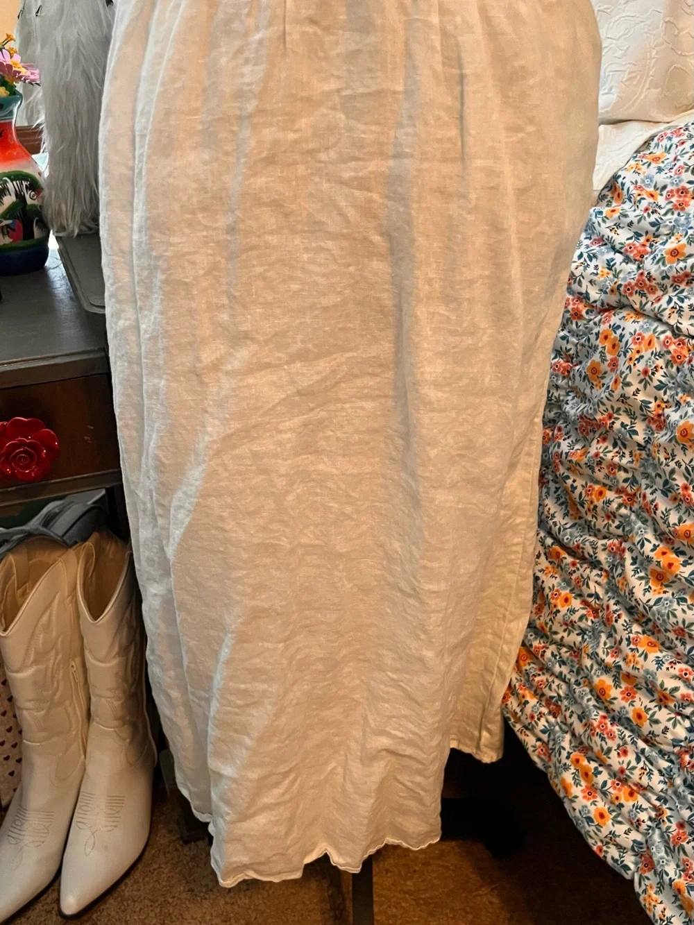 J. Crew White Linen Midi Dress with Blue Embroidered Trim
